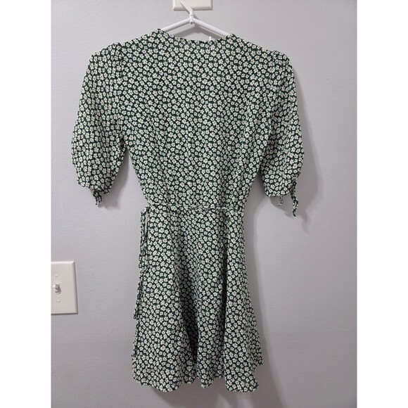 Reformation Green Floral Wrap Mini Dress Size Small Tie Sleeve V-Neck - Picture 4 of 8